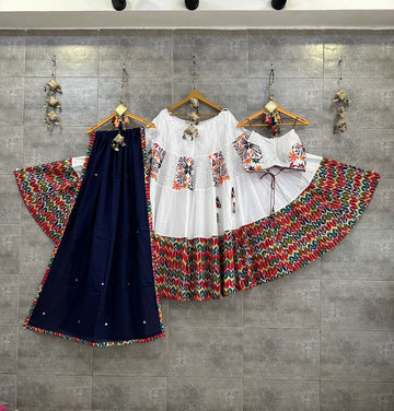 White Jaam Cotton Silk Chaniya Choli with Navy Blue Gamthi Dupatta