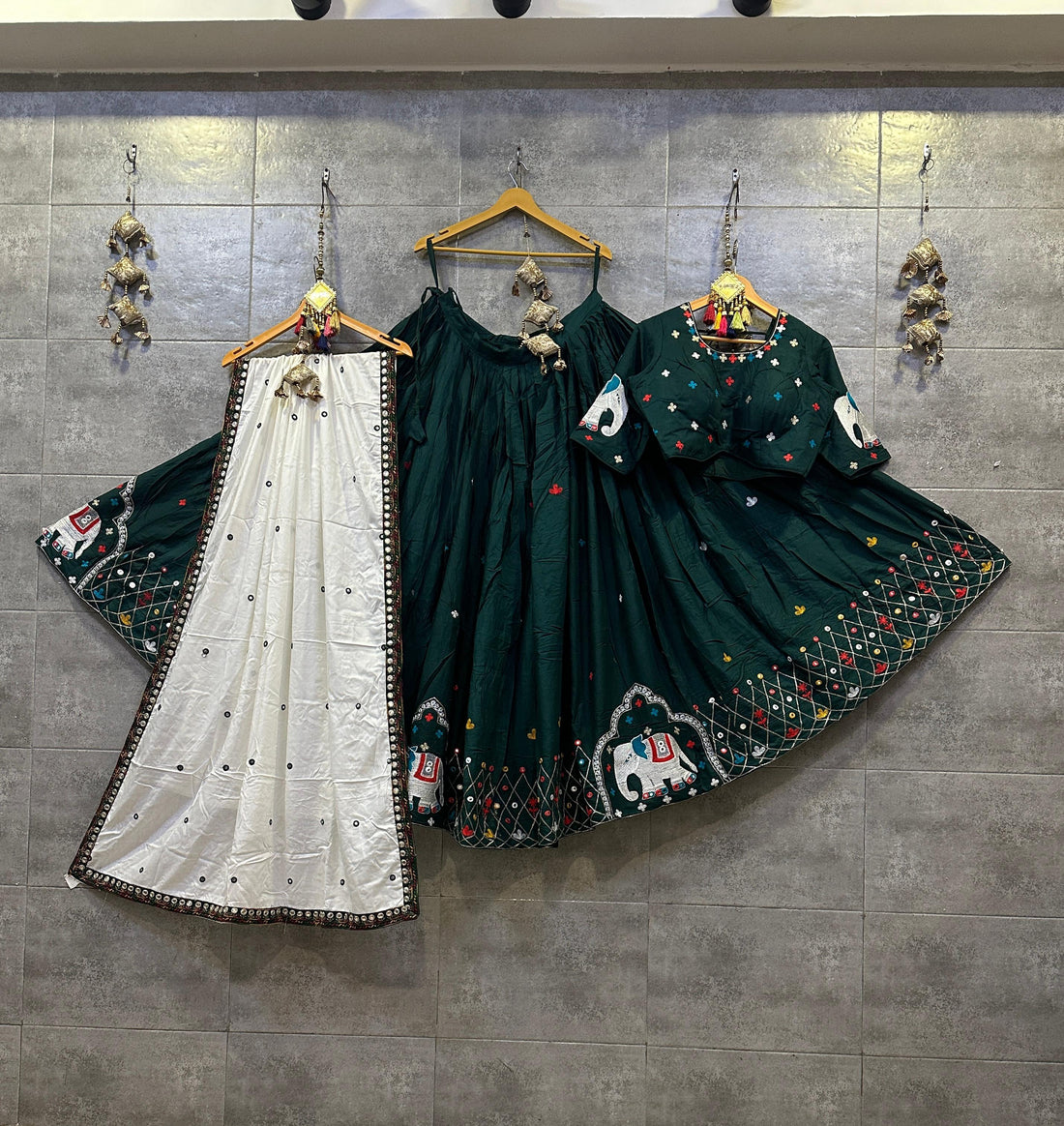 Green and White Gamthi Work Chaniya Choli with 7 Meter Flare