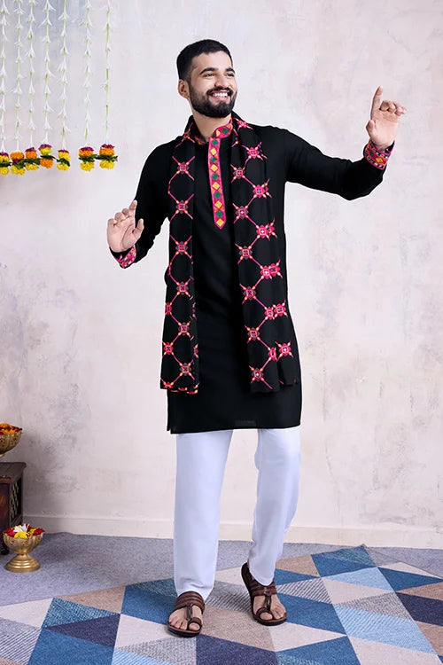 Black Color Beautiful Designer Special Mens Wear Kurta with Dupatta