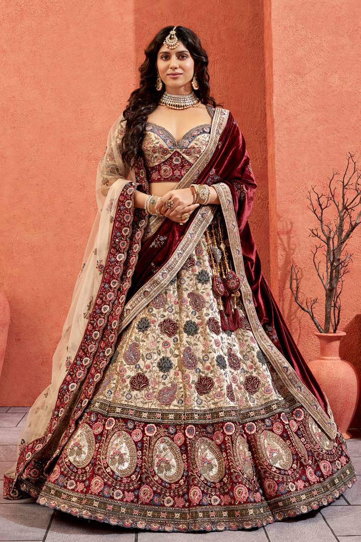 Beautiful Designer Bridal Cream Velvet Hand Work Lehenga Choli