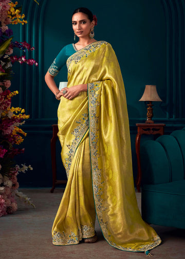 Beautiful Designer Turmeric Yellow Woven Embroidered Banarasi Silk Saree