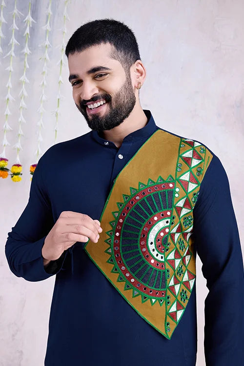 Navy Blue Navratri Special Designer Embroiered Kurta for Men's Wear