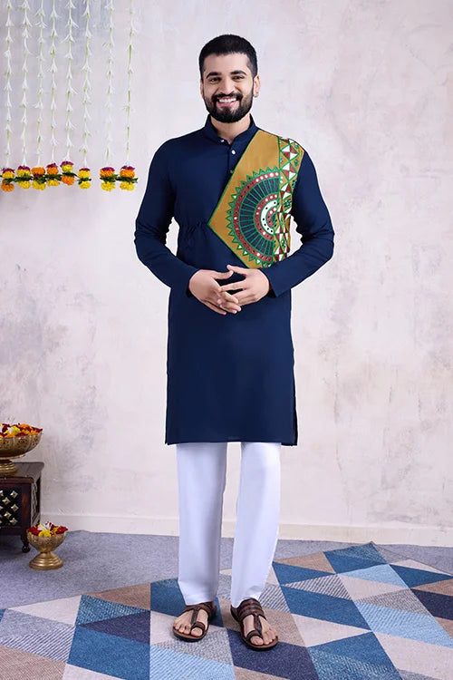 Navy Blue Navratri Special Designer Embroiered Kurta for Men's Wear