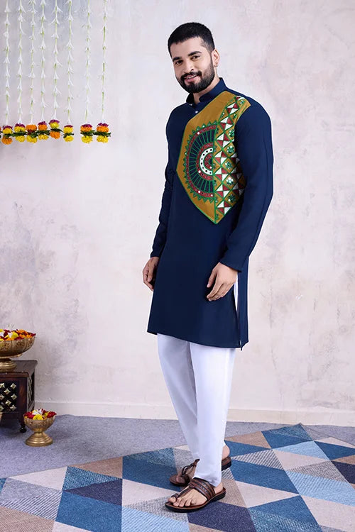 Navy Blue Navratri Special Designer Embroiered Kurta for Men's Wear