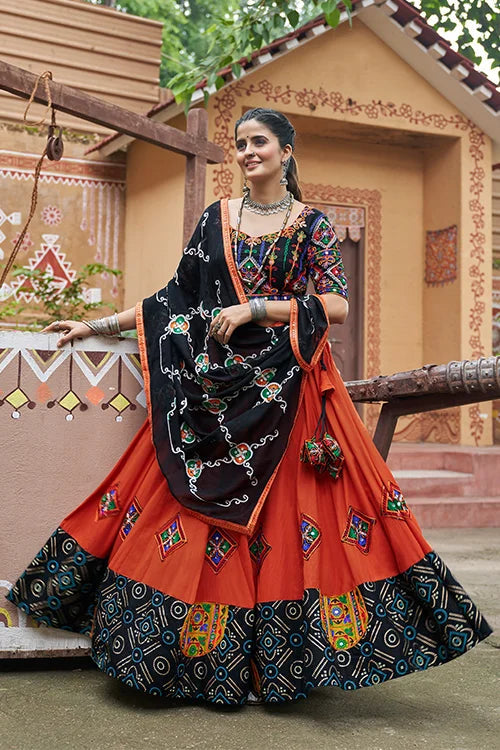 Orange Viscose Rayon Embroidered Work Navratri Chaniya Choli.