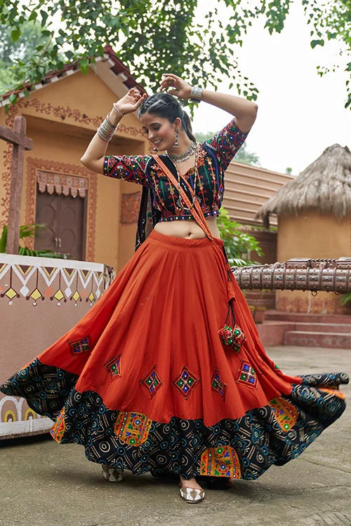 Orange Viscose Rayon Embroidered Work Navratri Chaniya Choli.