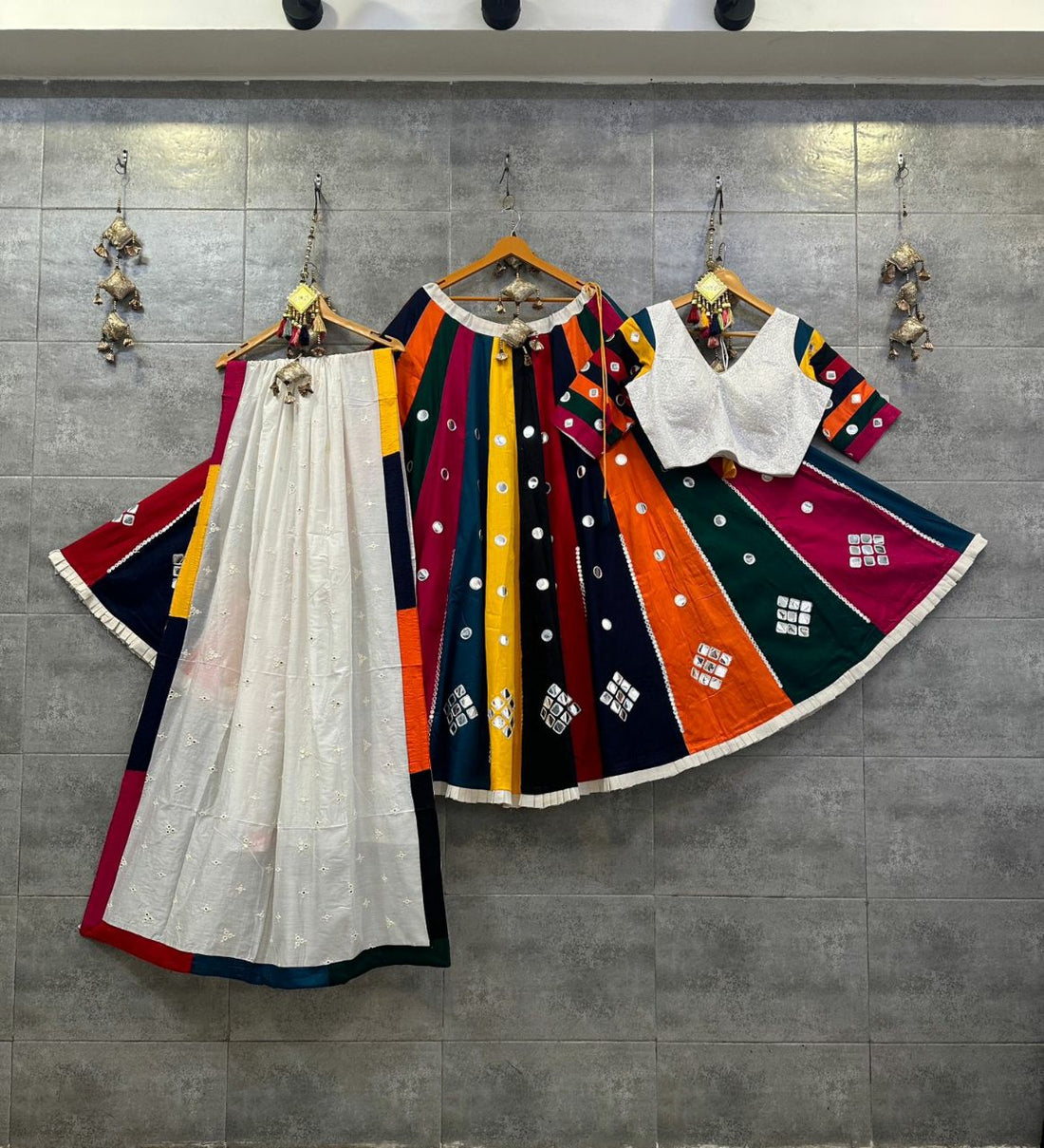 Rainbow Multi-Color Chaniya Choli with Mirror Work and White Chanderi Cotton Dupatta