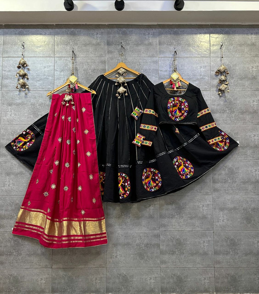 Black Camric Cotton Chaniya Choli with Gamthi Patch Work and Pink Semi Gaji Dupatta