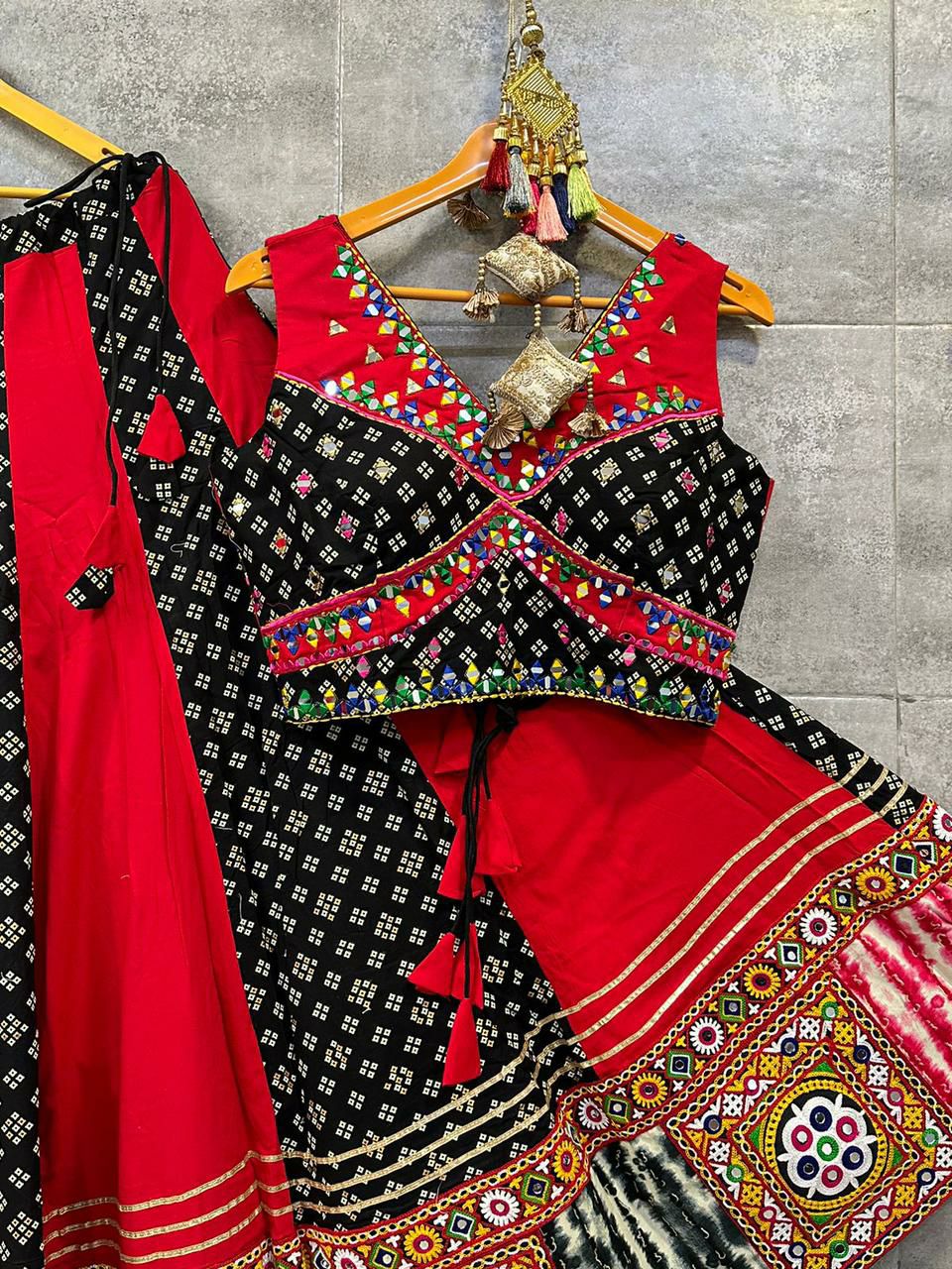 Red and Black Rayon Camric Cotton Chaniya Choli with Aari Work Dupatta