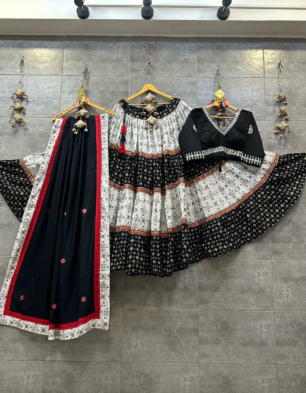 Black and White Camric Cotton Chaniya Choli with Rayon Dupatta