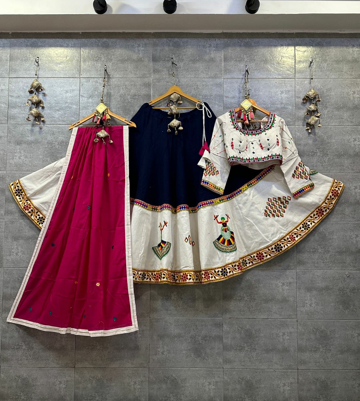 Navy Blue Khadi Cotton Chaniya Choli with Gamthi Work