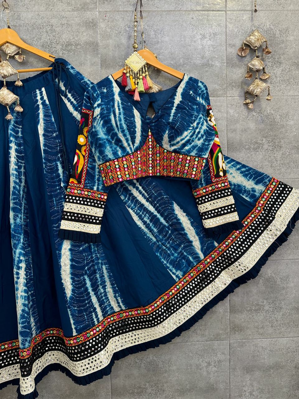 Navy Blue Rayon Cotton Shibori Chaniya Choli with Heavy Gamthi Patch