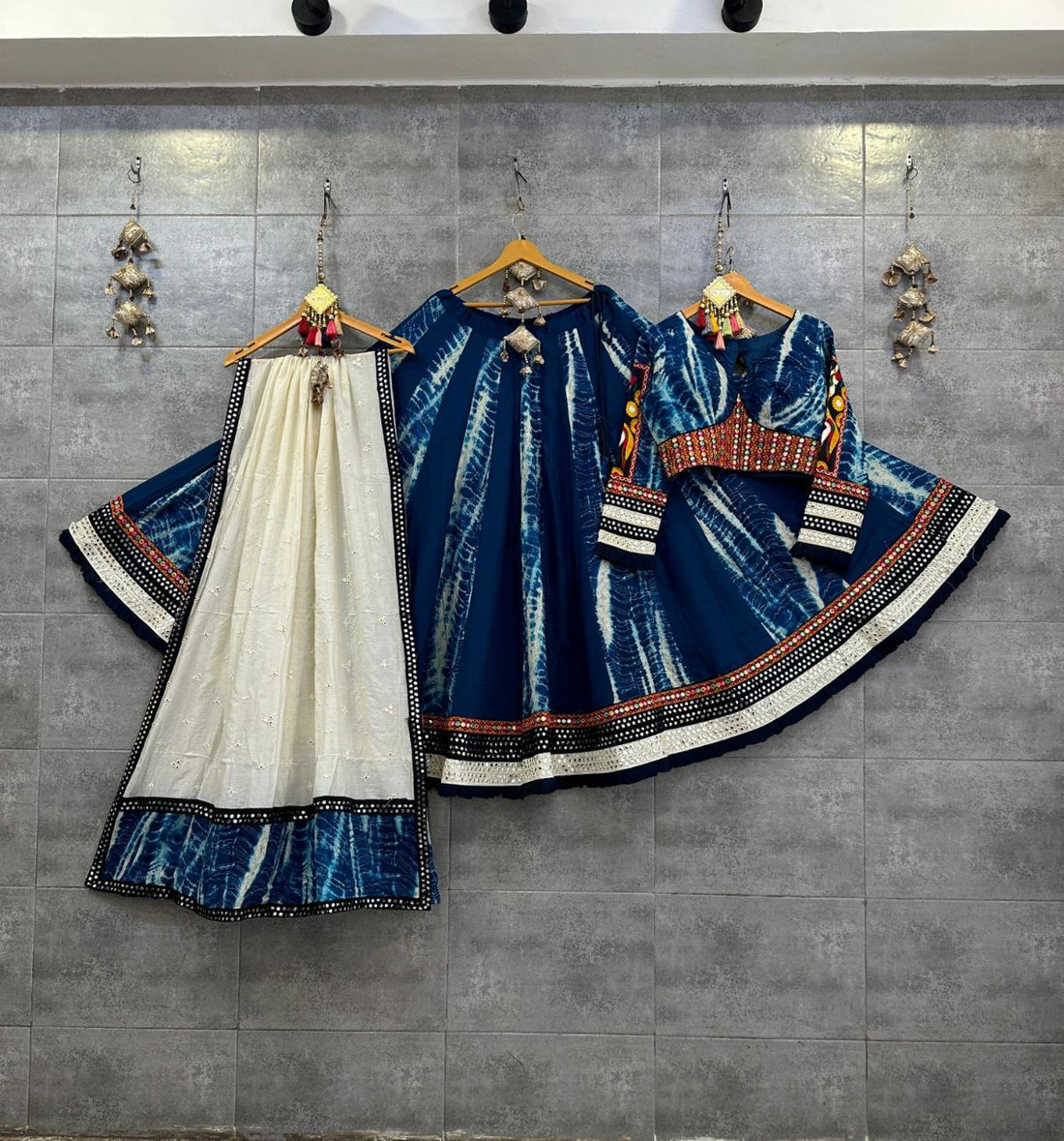 Navy Blue Rayon Cotton Shibori Chaniya Choli with Heavy Gamthi Patch