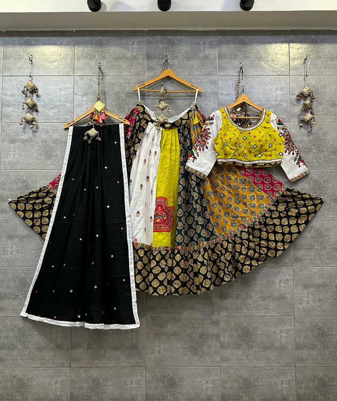 Yellow and Multicolor Gamthi Work Chaniya Choli with Black Dupatta
