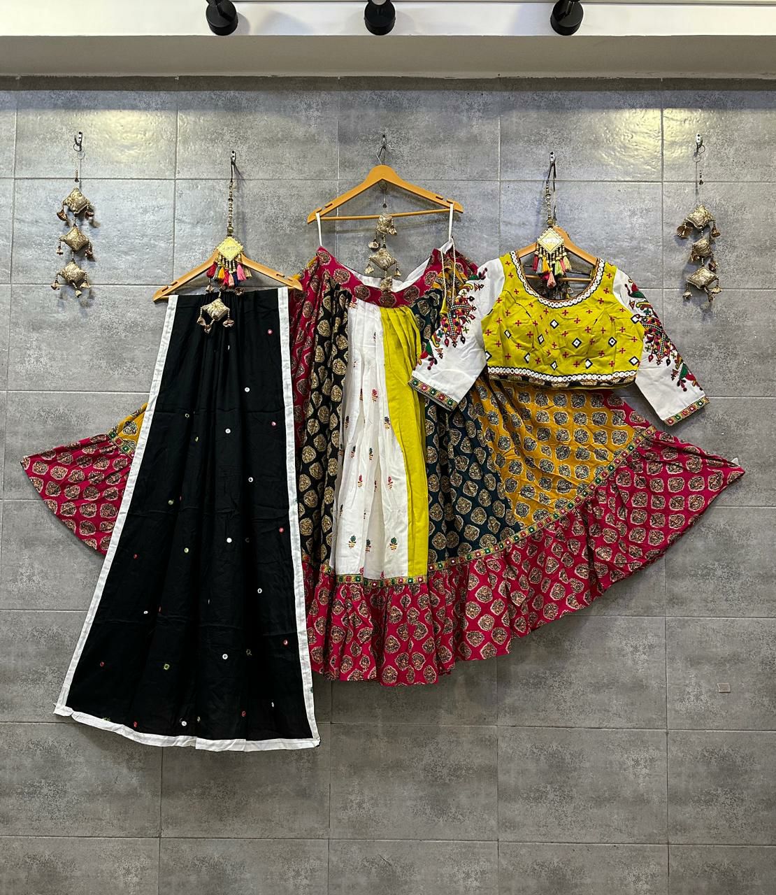 Yellow and Multicolor Gamthi Work Chaniya Choli with Black Dupatta