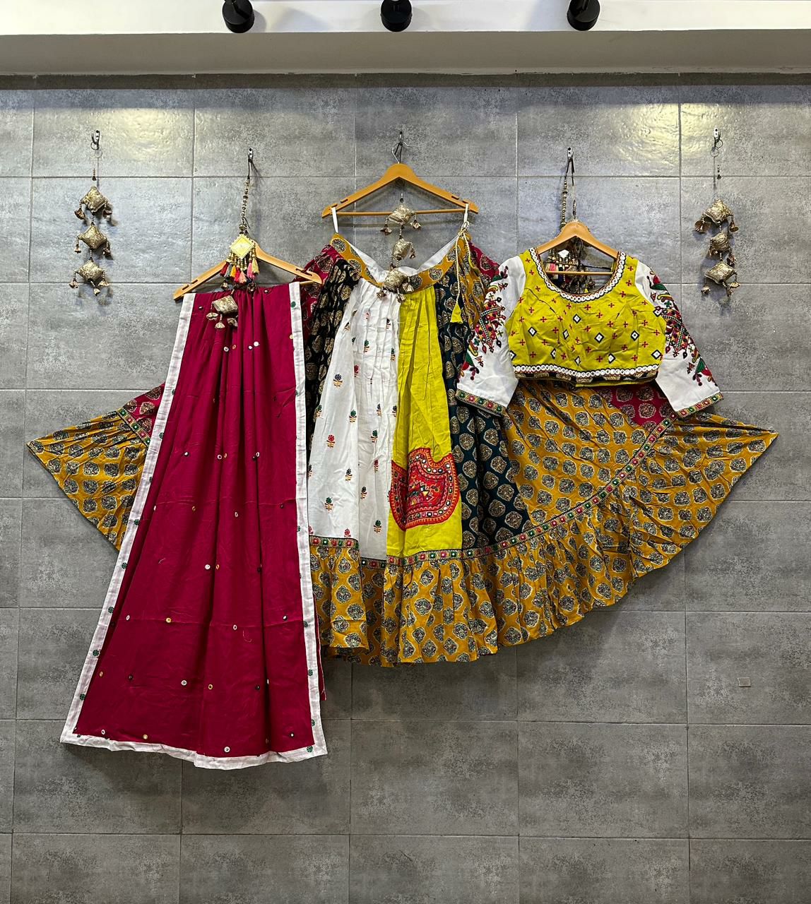 Yellow and Multicolor Gamthi Work Chaniya Choli with Red Dupatta