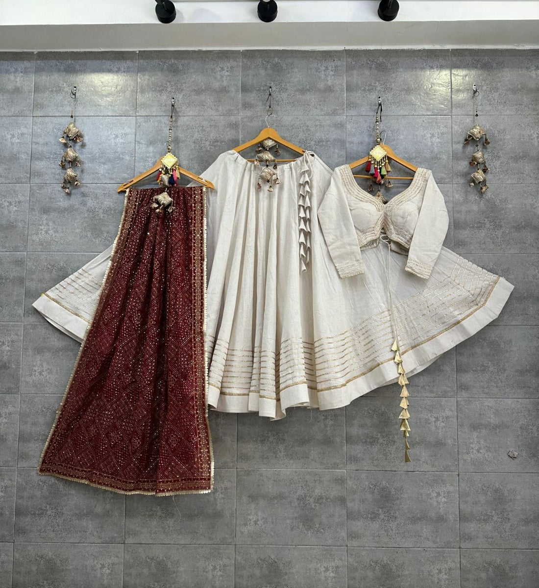 White Khadi Cotton Chaniya Choli with Red Vintage Dupatta