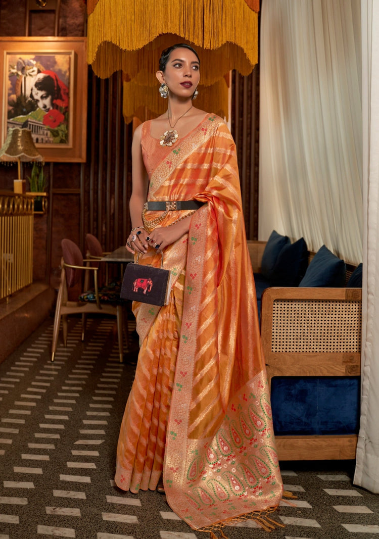 Saffron Orange Meenakari Weaving Organza Silk Saree