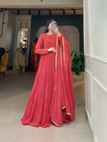 Red Printed Georgette Gown With Dupatta