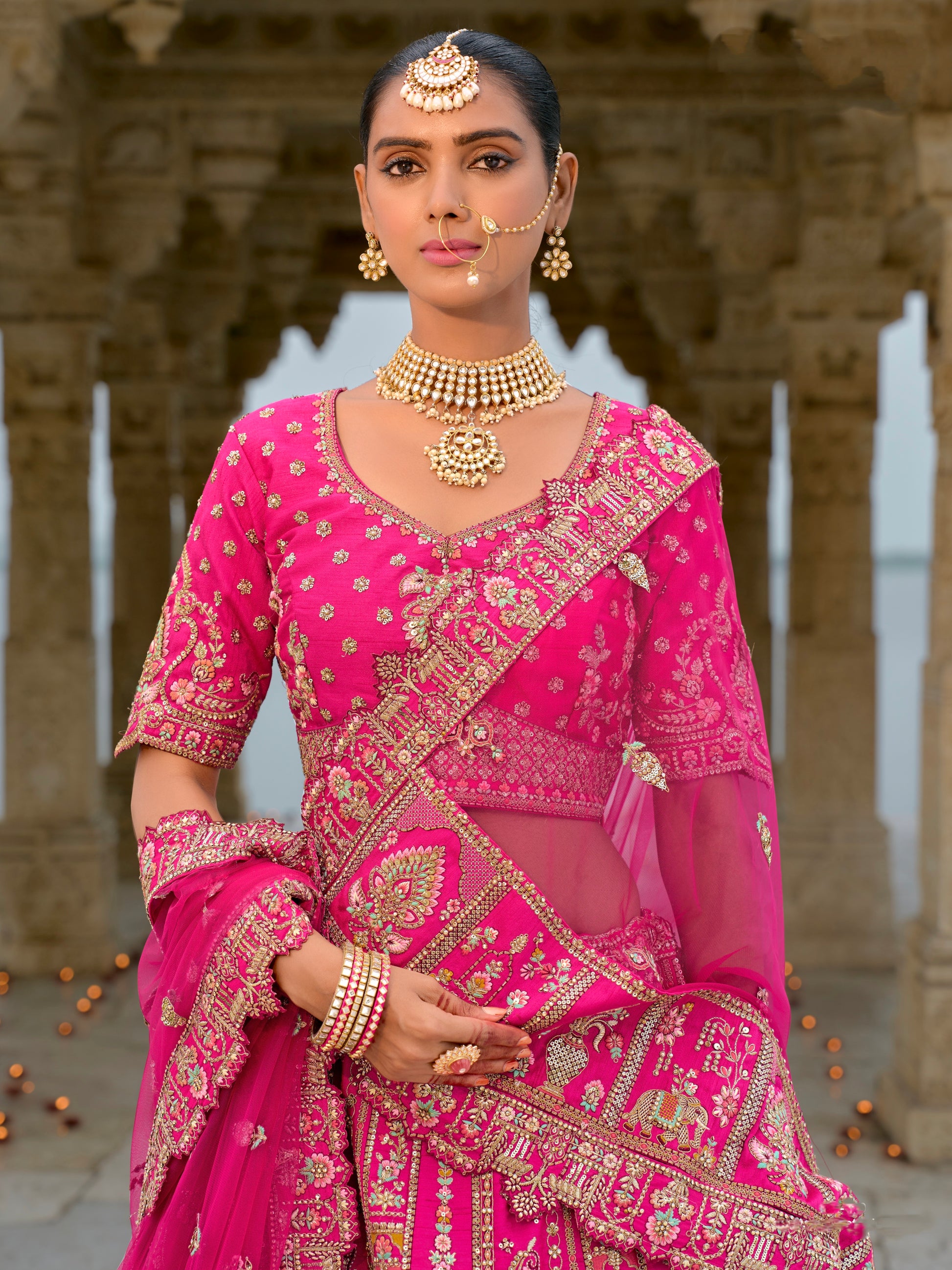 Bright Pink and Gold Embroidered Bridal Lehenga