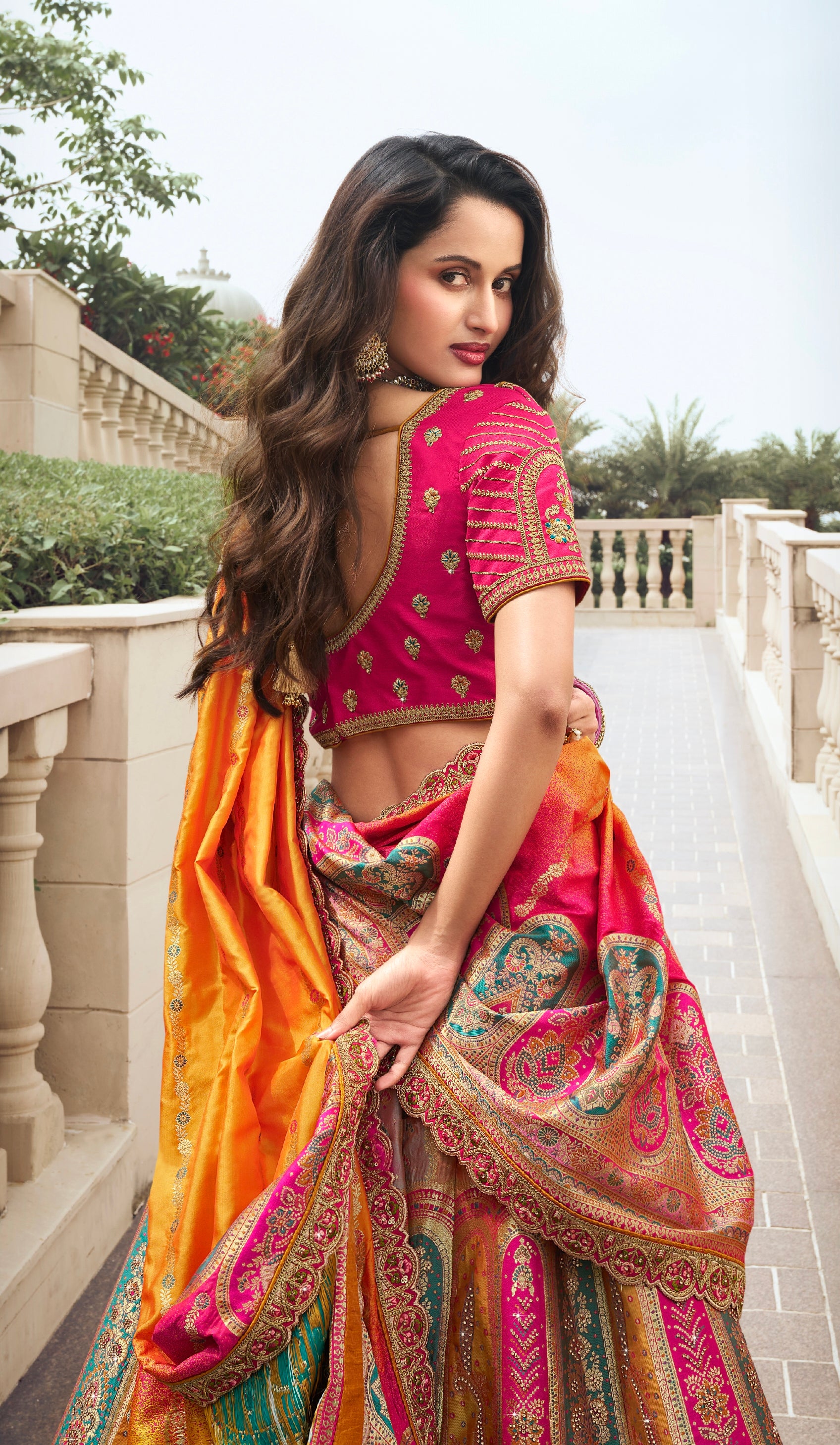 Yellow and Pink Banarasi Silk Festive Lehenga with Zarkan Work