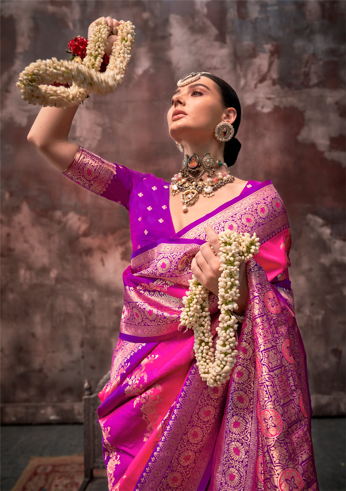 Pink & Purple Rangkaat Handloom Weaving Silk Saree