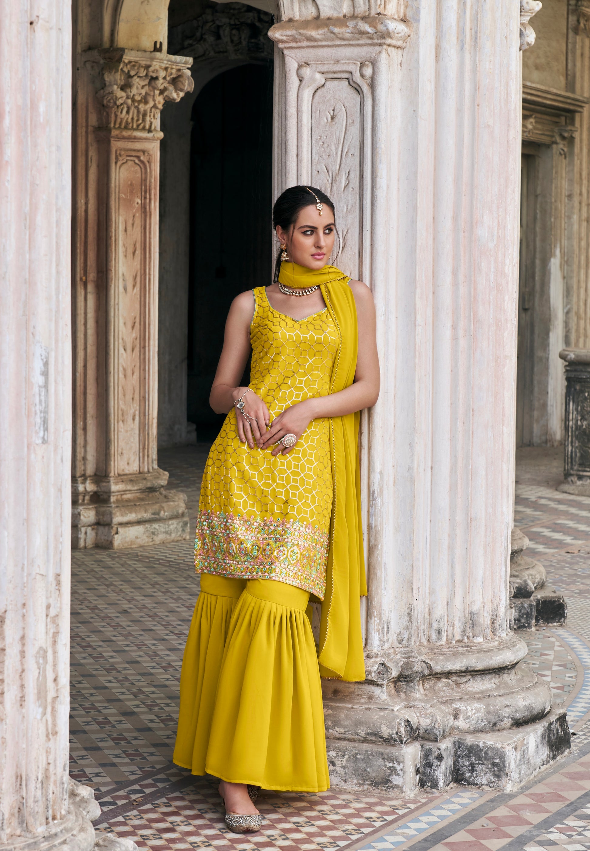 Elegant Yellow Sharara Suit with Embroidery and Sequence Work