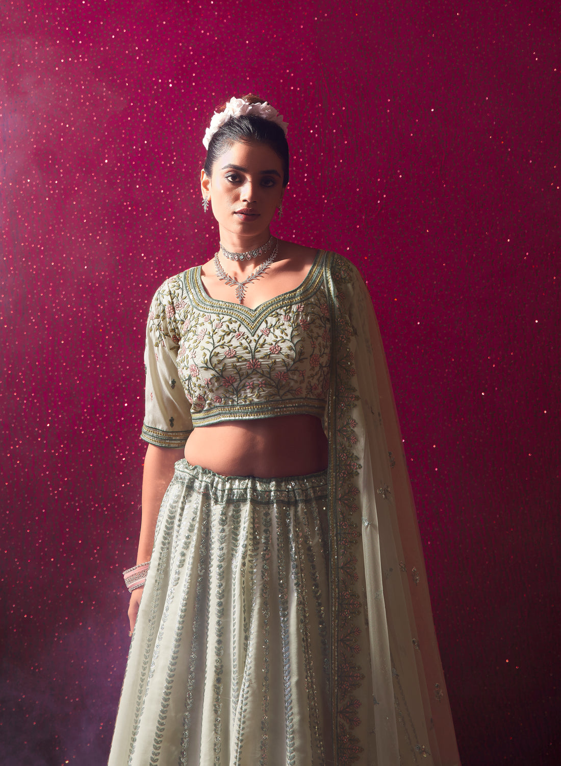 Off-White Lehenga in Vanilla Shine Silk & Sequins & Thread Embroidery