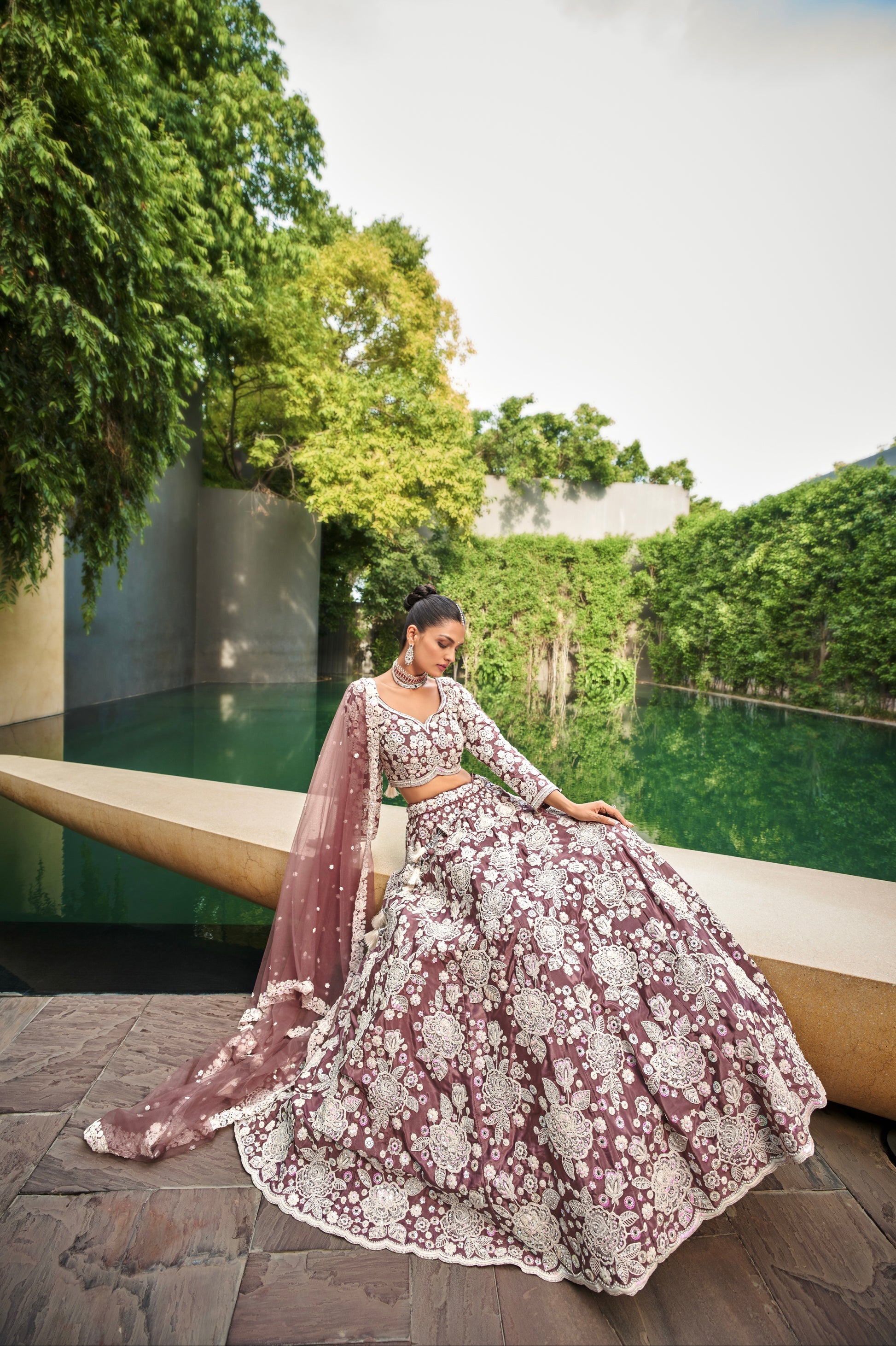 Lavender Satin Bridal Lehenga with Moti and Sequins Embroidery