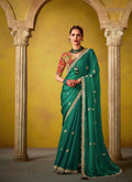 Emerald Green Glass Tissue Saree with Sequins Embroidery Work