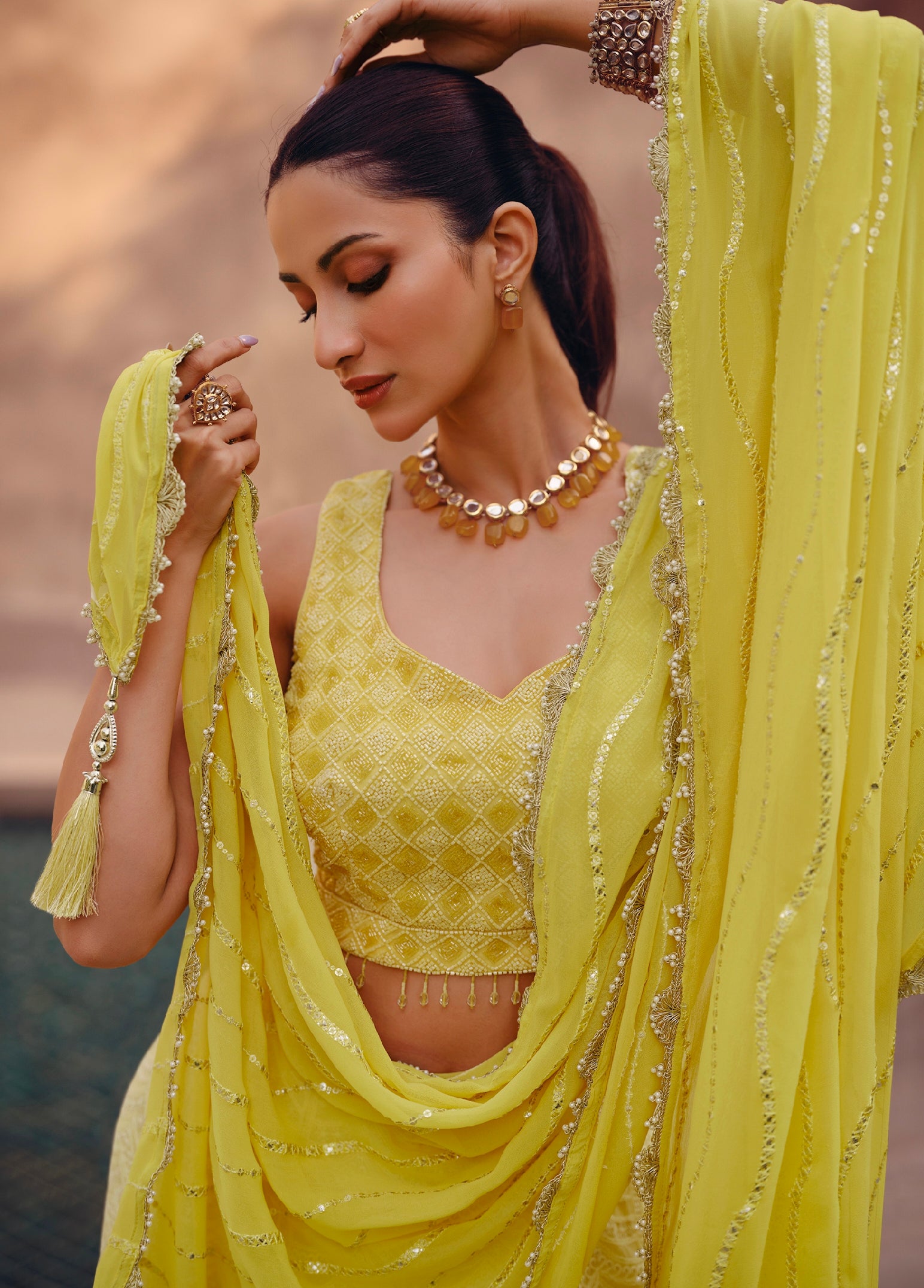 Yellow Embroidered Crop Top and Skirt Lehenga Set