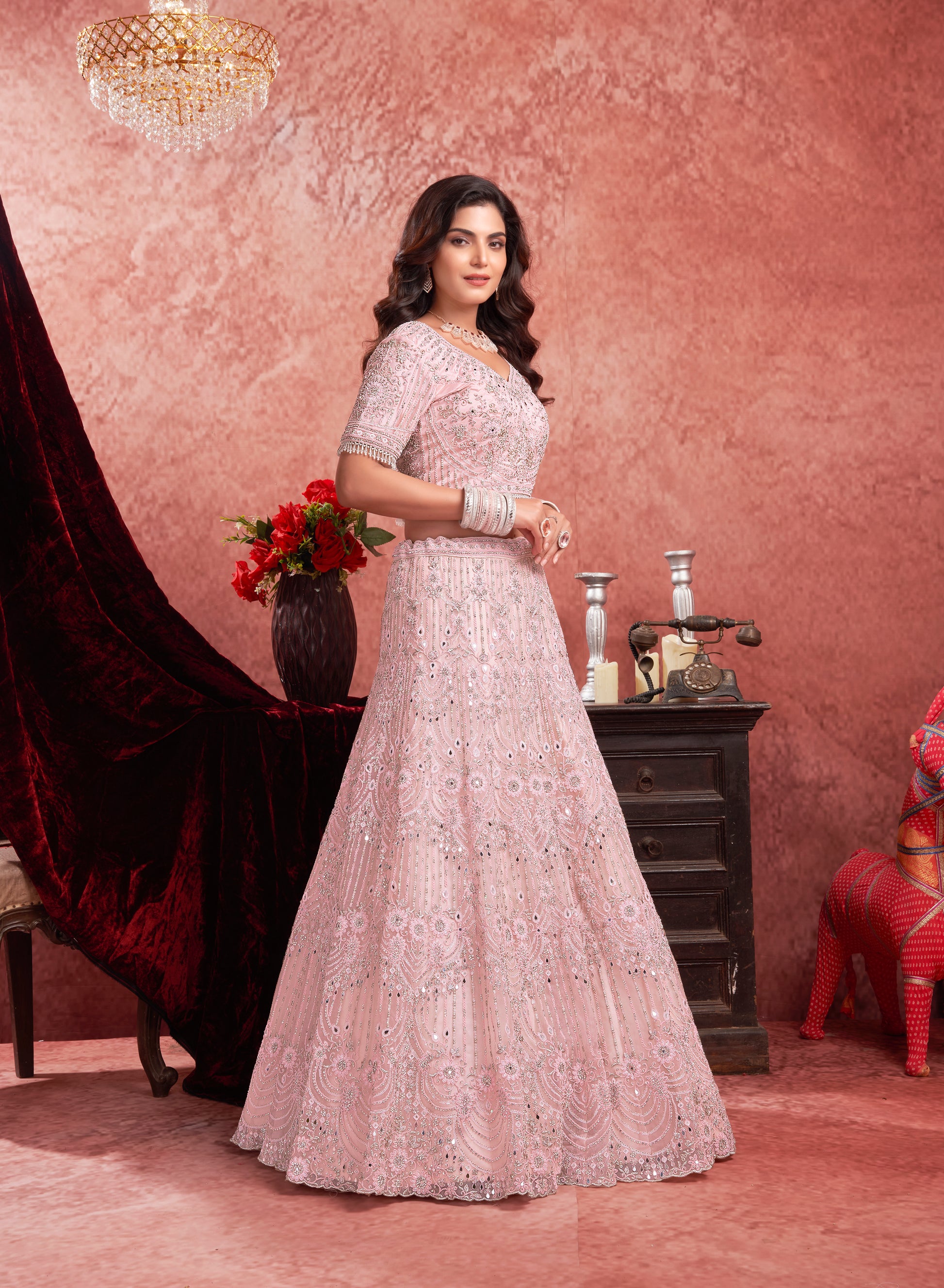 Baby Pink Premium Net Bridal Lehenga with Hand Embroidery