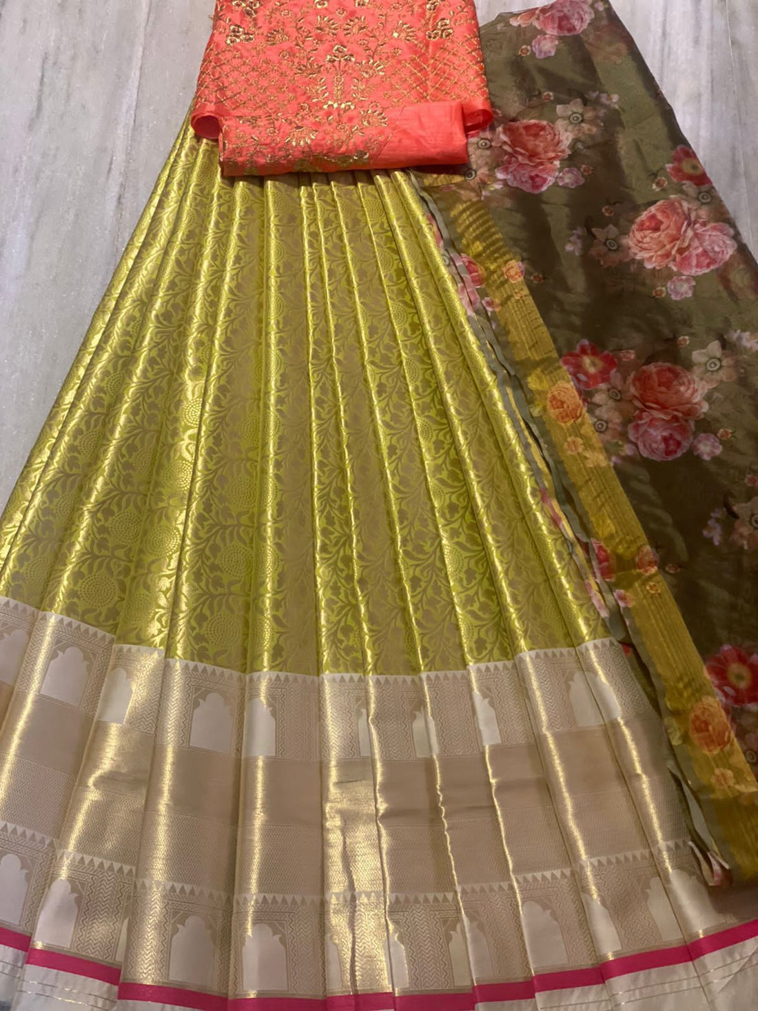 Beautiful Kanjiveram Silk Pure Zari HALF Saree with Blouse Along With Dupptta