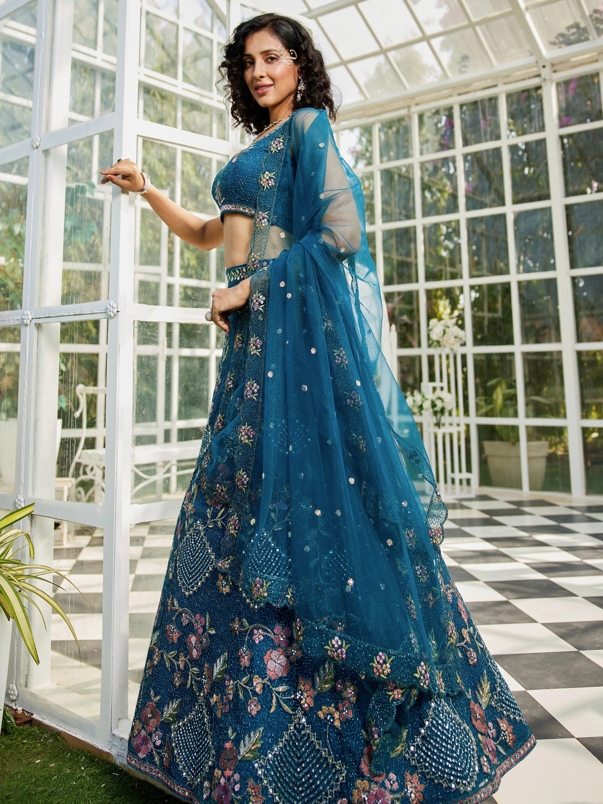 Navy Blue Net Embroidered Net Lehenga with Sequins & Zarkan Work