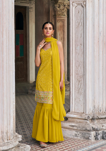 Elegant Yellow Sharara Suit with Embroidery and Sequence Work