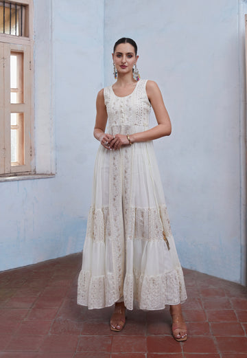 Off White Anarkali In Georgette With Sequins & Thread Embroidery