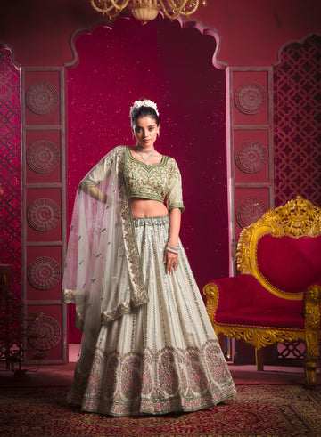 Off-White Lehenga in Vanilla Shine Silk & Sequins & Thread Embroidery