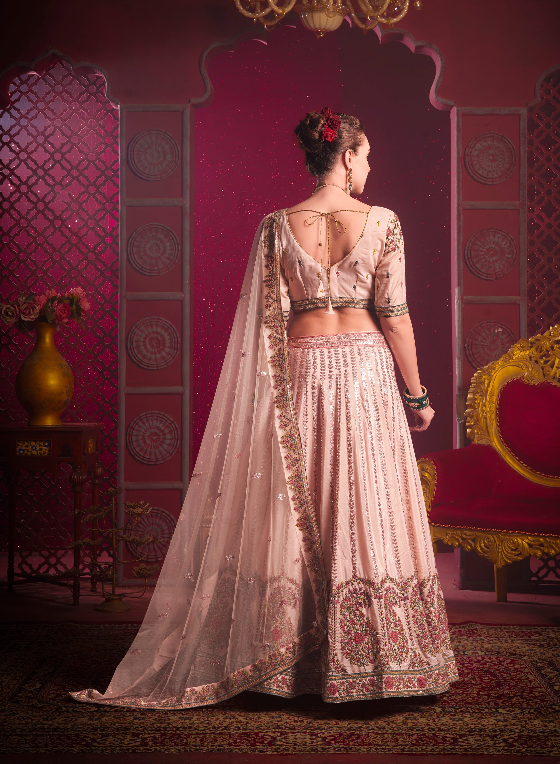 Peach Lehenga in Vanilla Shine Silk with Sequins & Thread Embroidery