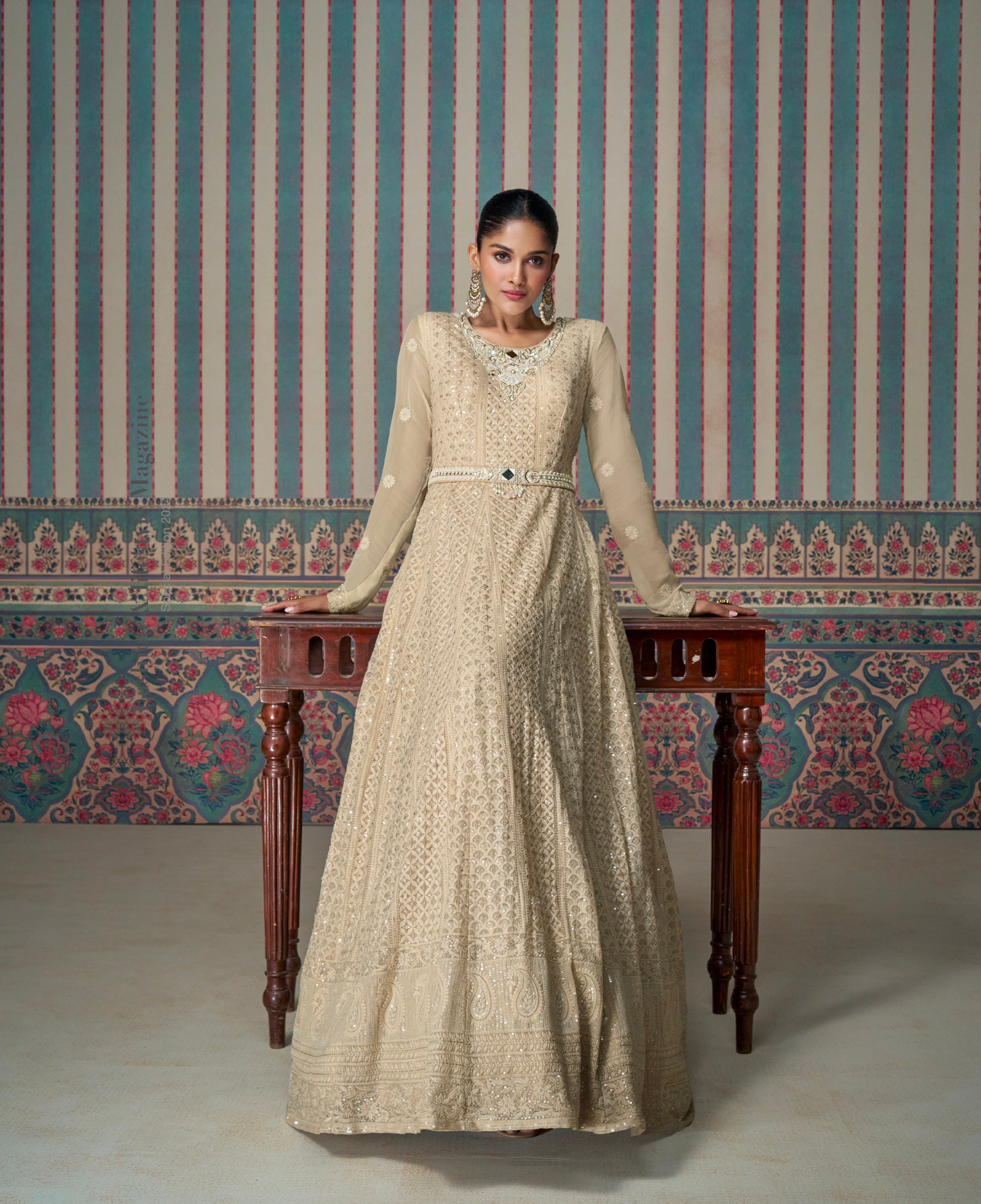 Beige Chikankari Embroidered Anarkali Suit with Dupatta