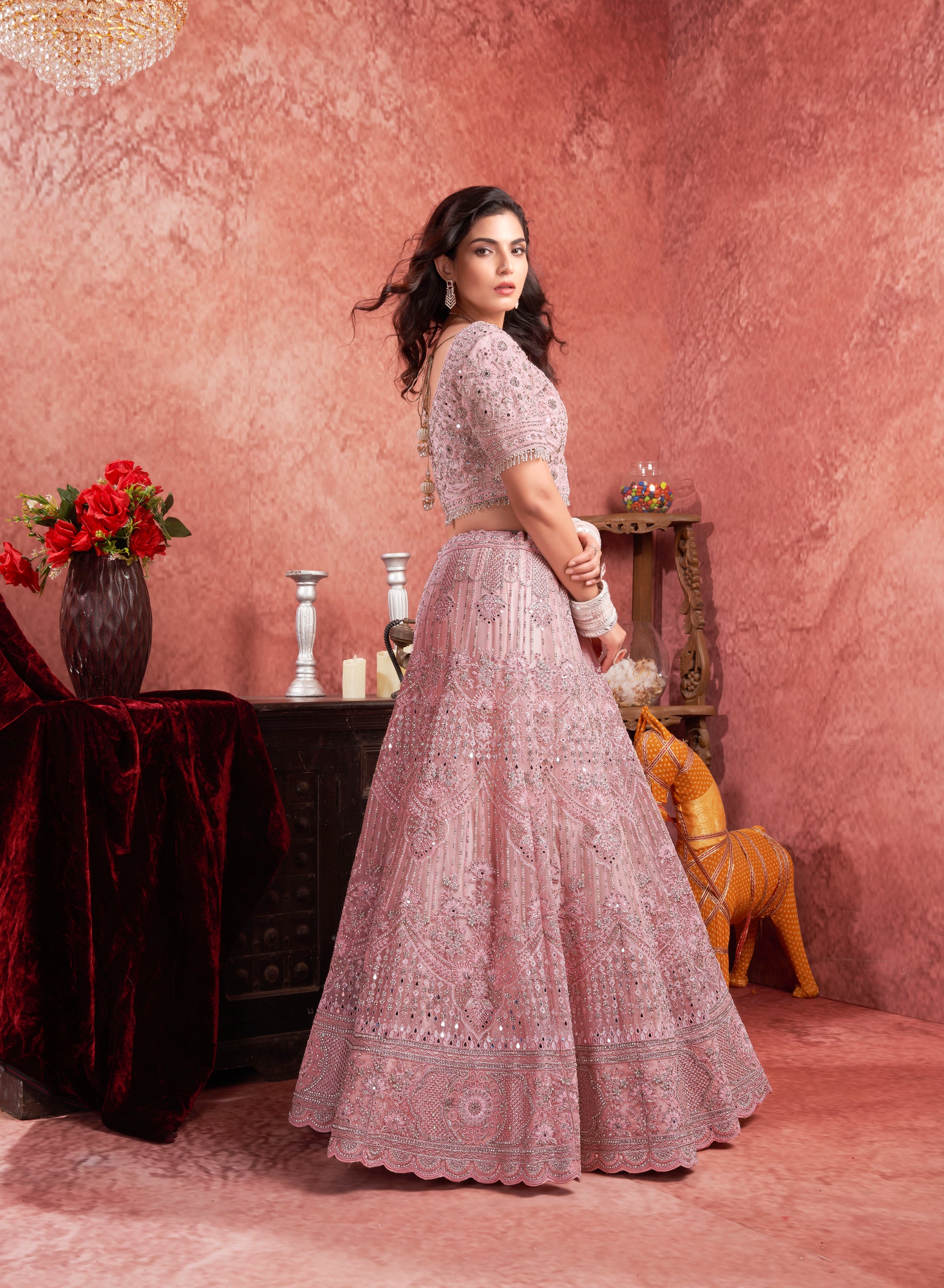 Pink Premium Net Bridal Lehenga with Handcrafted and Heavy Flair