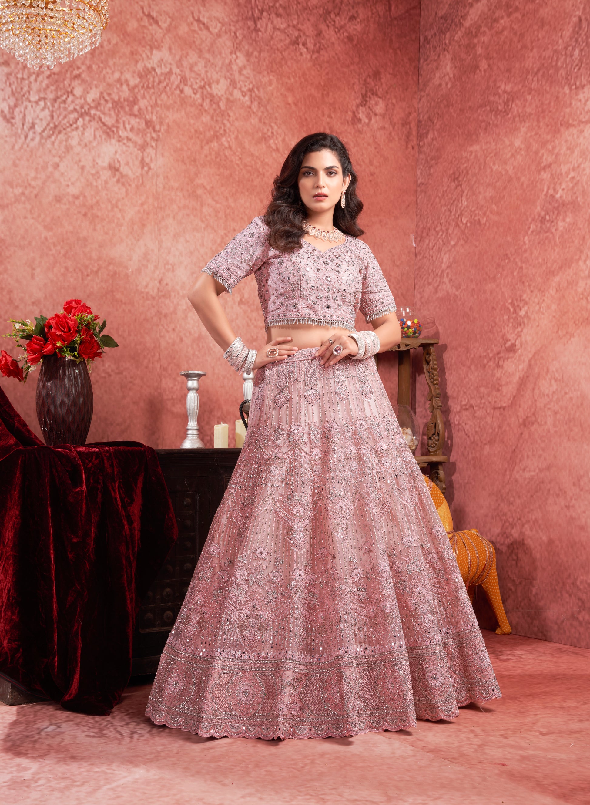 Pink Premium Net Bridal Lehenga with Handcrafted and Heavy Flair