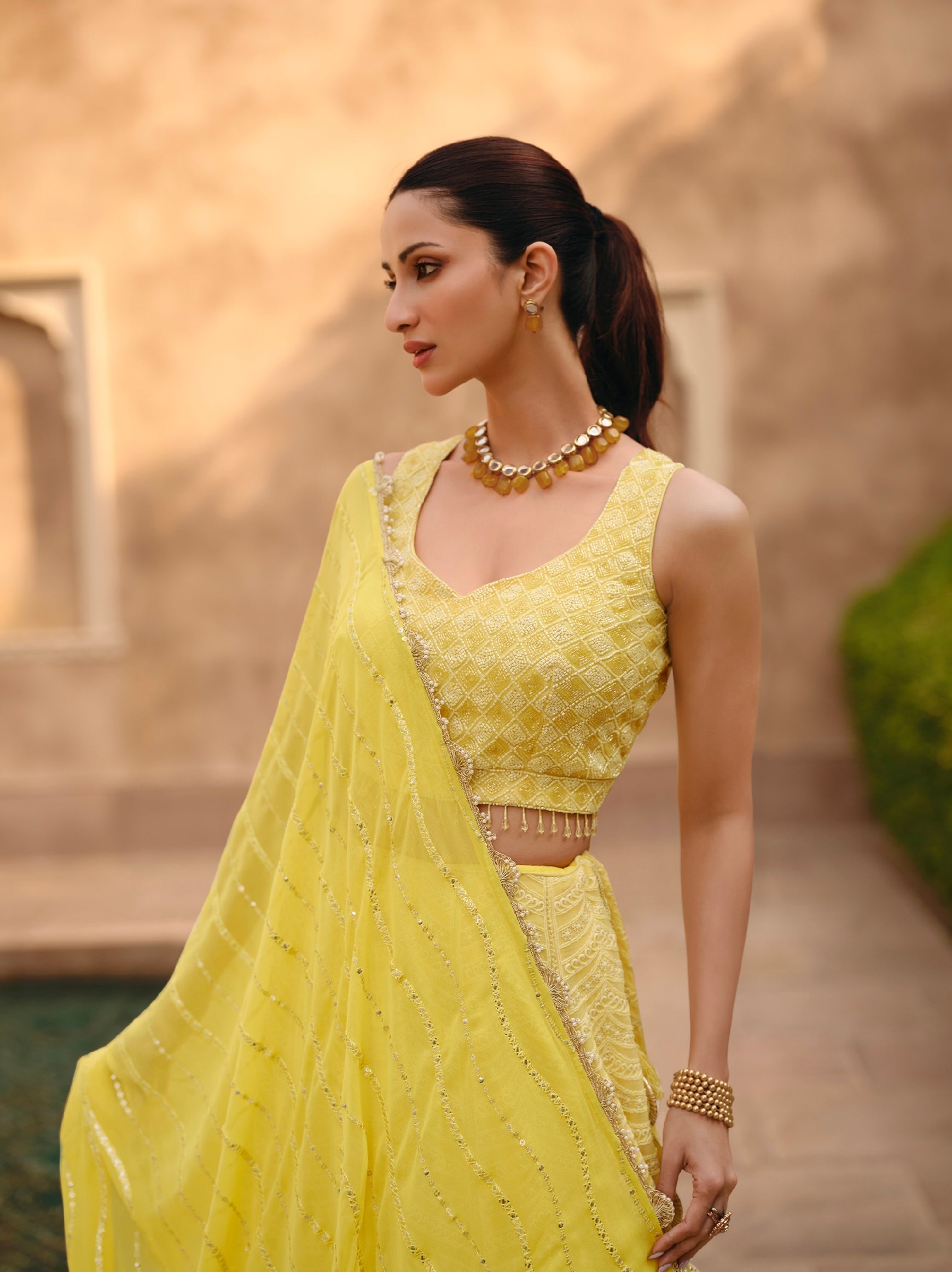 Yellow Embroidered Crop Top and Skirt Lehenga Set