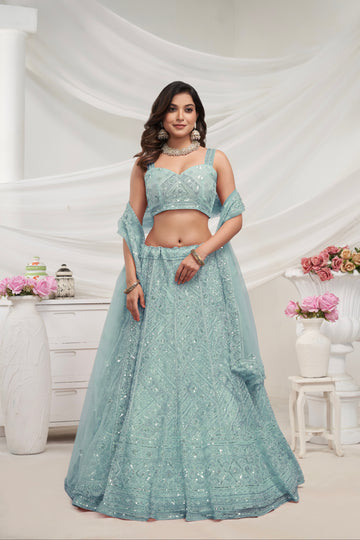 Sky Blue Net Lehenga with Sequin & Cut Dana - Bridal Ensemble