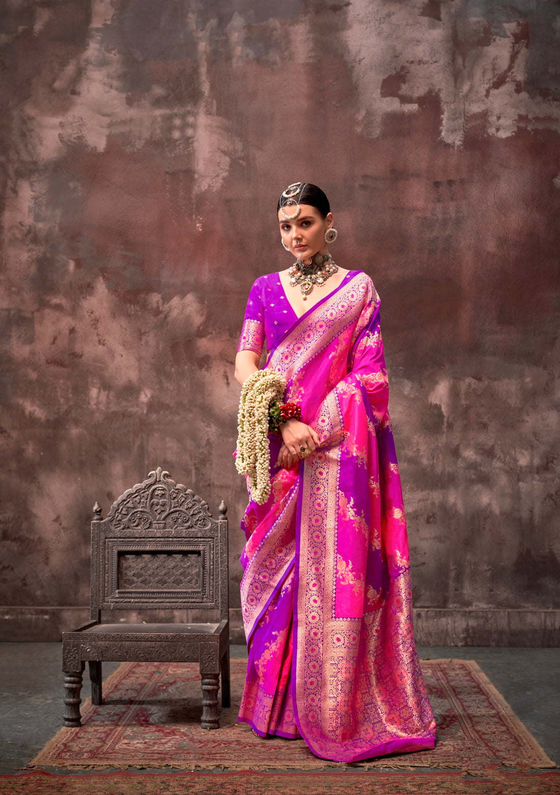 Pink & Purple Rangkaat Handloom Weaving Silk Saree