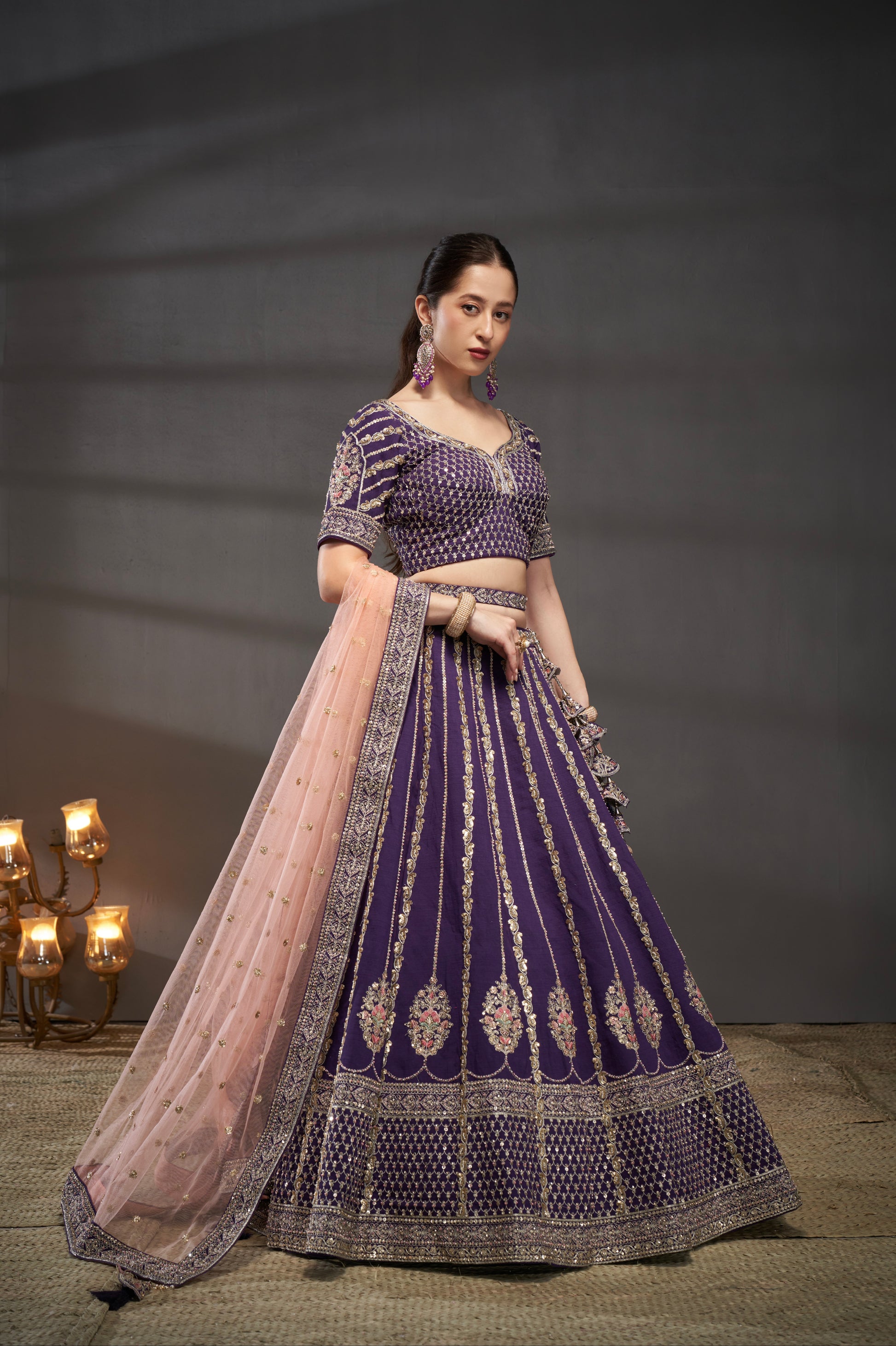 Purple Pure Silk & Heavy Embroidery Bridal Lehenga & Dupatta