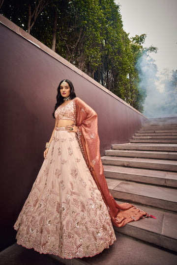 Cream & Rose Gold Embroidered Bridal Lehenga with Viscose Dupatta