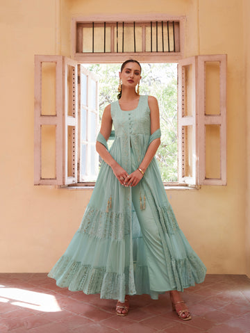 Firozi Anarkali In Georgette With Sequins, Thread And Zari Embroidery