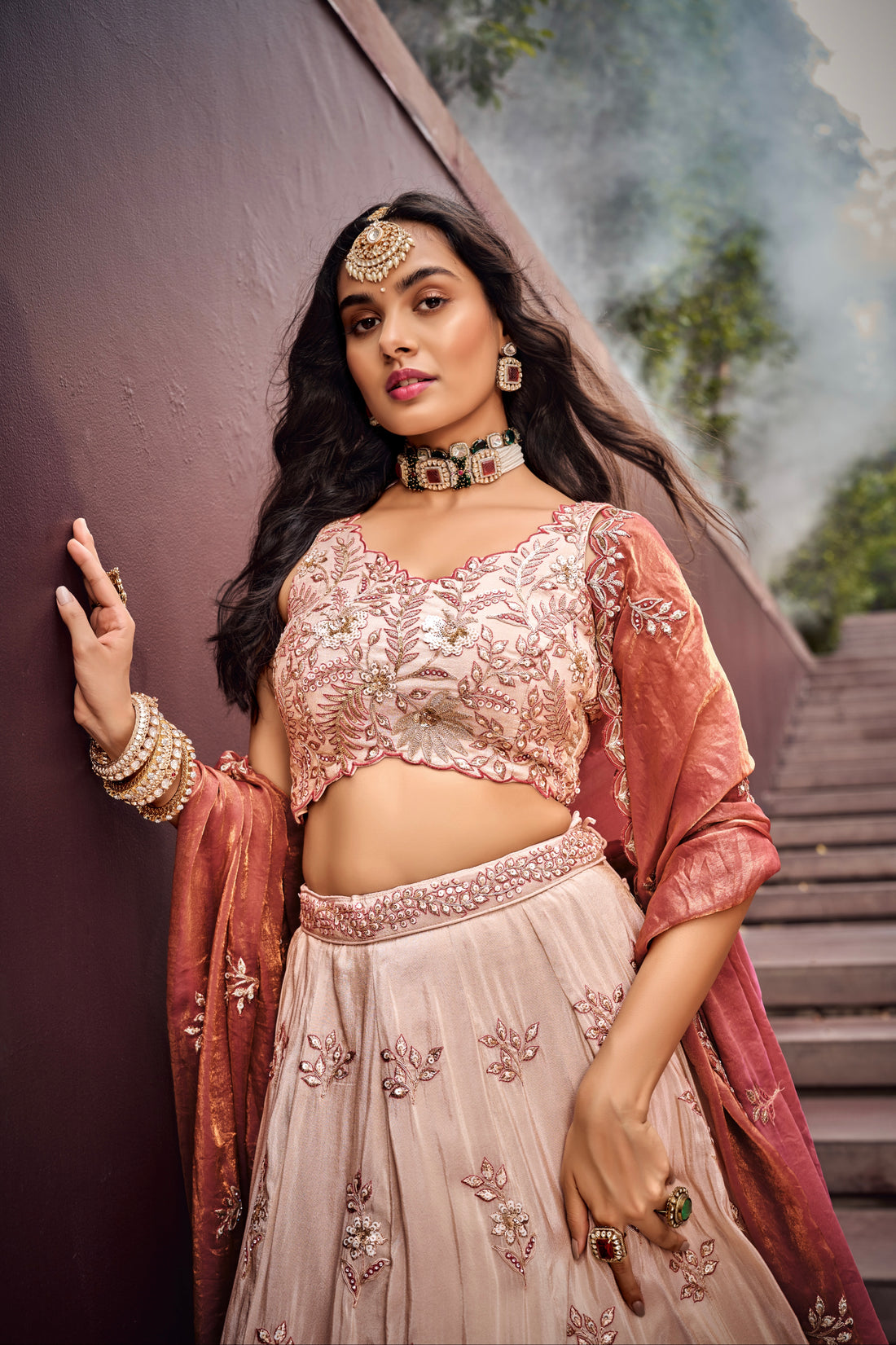 Cream & Rose Gold Embroidered Bridal Lehenga with Viscose Dupatta