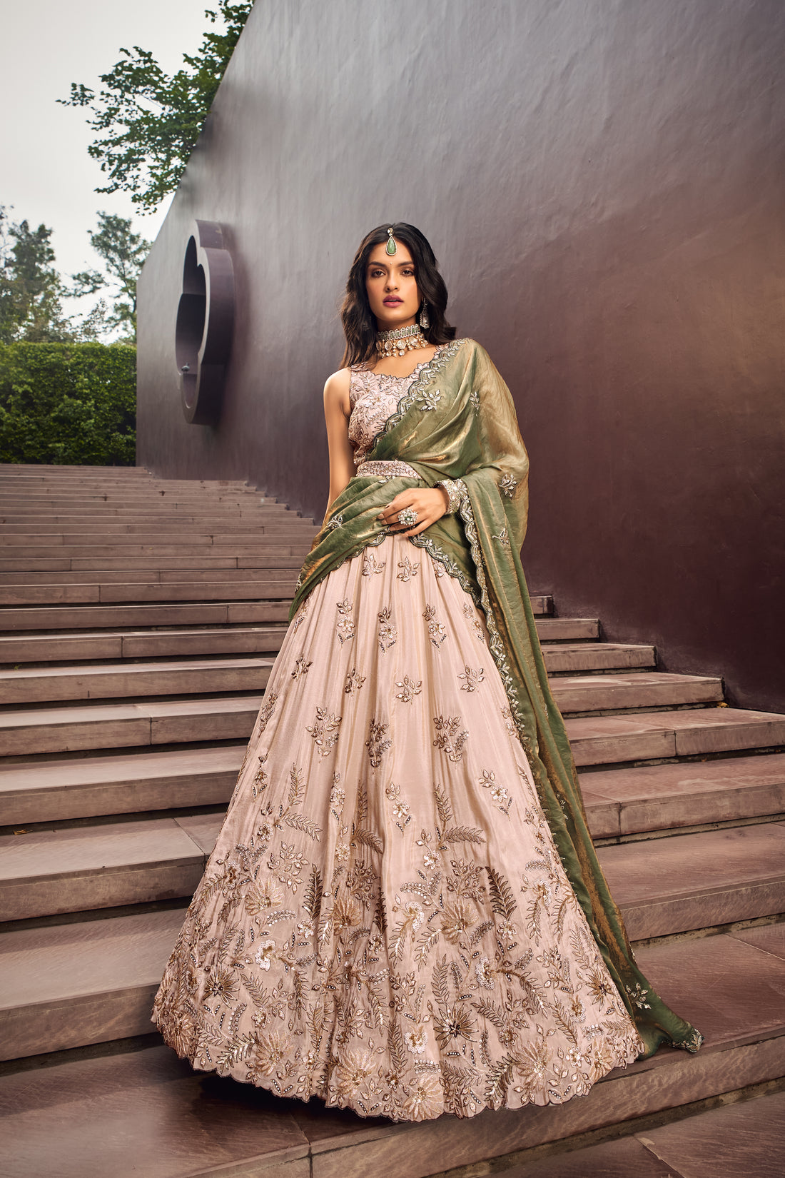 Cream and Green Viscose Embroidered Lehenga with Sequins Work