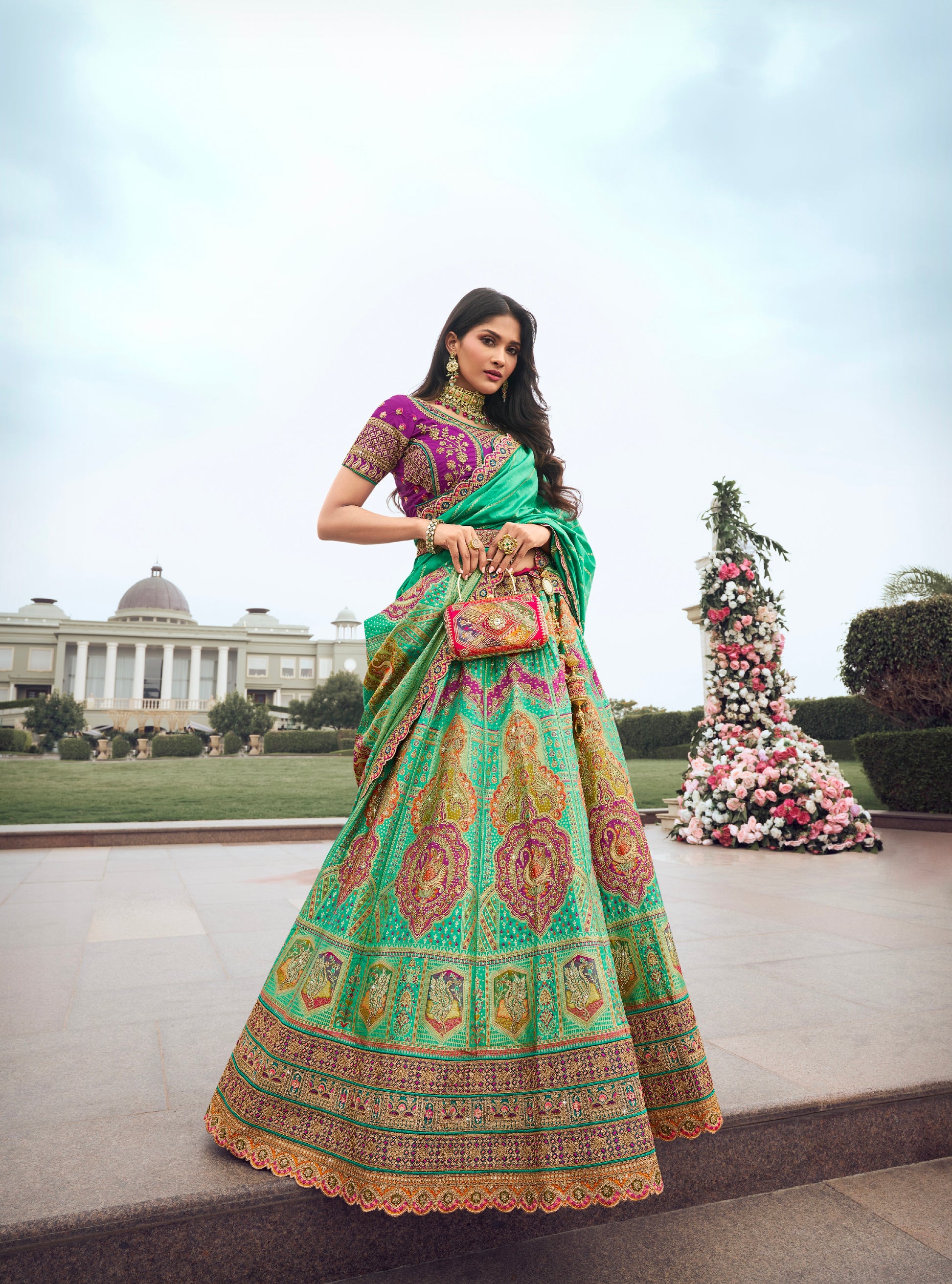 Green and Pink Banarasi Silk Lehenga with Zarkan Codding Work